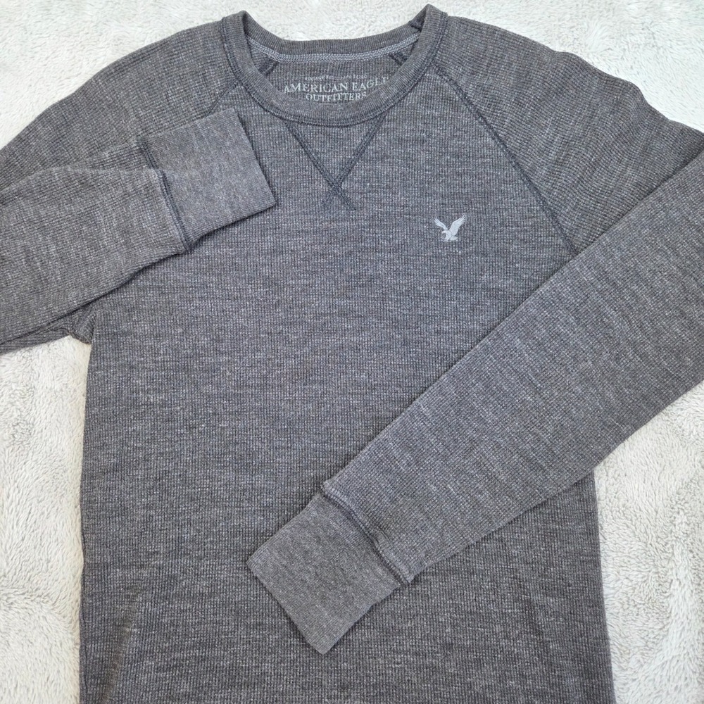 American Eagle Waffle Knit Thermal Top Mens S Vintage Fit Raglan Heathered Gray